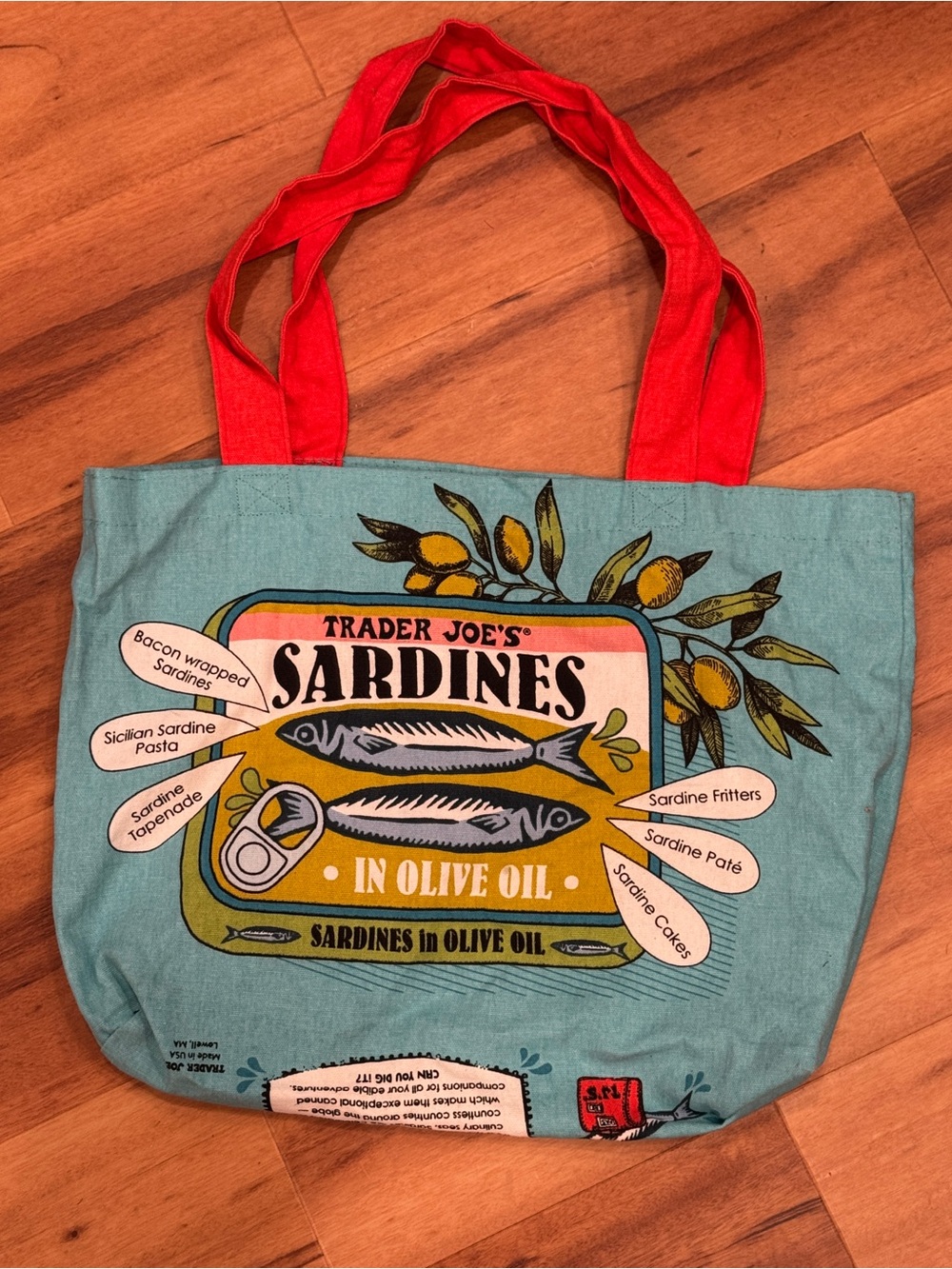 Trader Joe's Reusable Canvas Tote Bag Sardines in Olive Oil Tin Fish